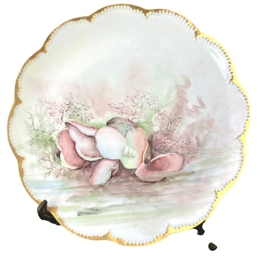 Antique 1880s Haviland Limoges seashell cabinet plate 8.5” hand painted coastal